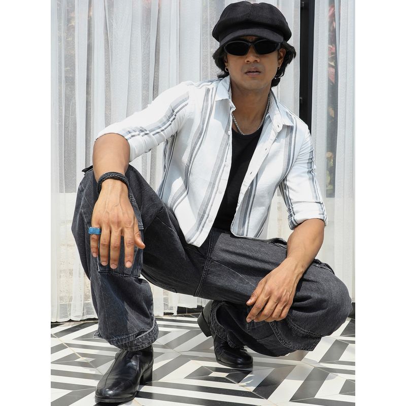 CAHOOT Mens White & Dark Grey Barcode Striped Shirt (S)