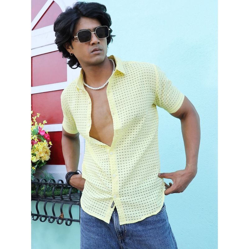 Campus Sutra Mens Lemon Yellow See-Through Square Shirt (S)