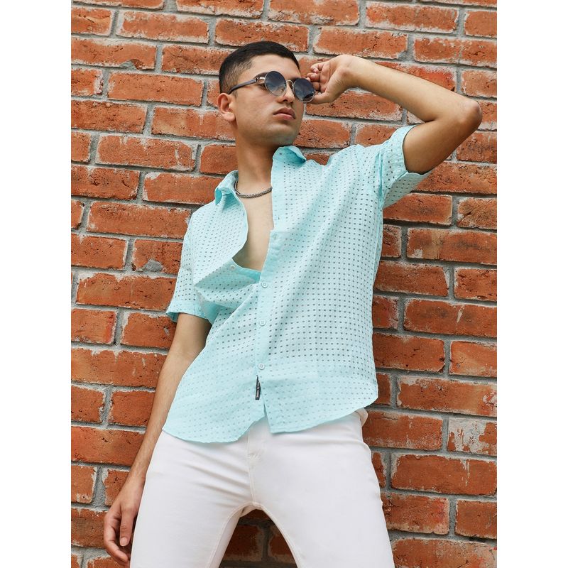 Campus Sutra Mens Light Blue See-Through Square Shirt (M)