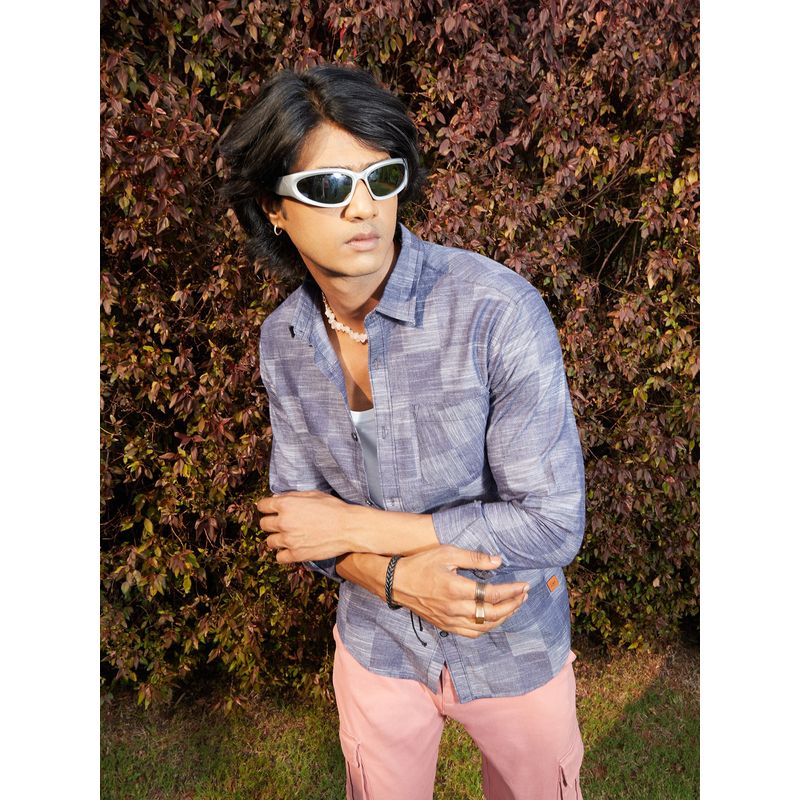 Campus Sutra Mens Steel Blue Heathered Denim Check Shirt (M)