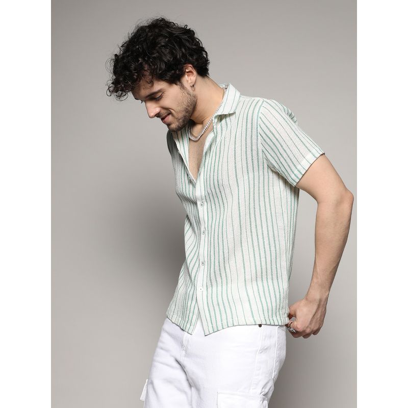 Campus Sutra Mens White & Green Unbalanced Striped Woven Shirt (L)