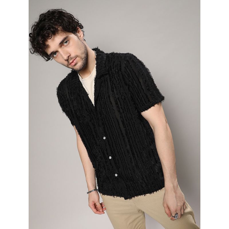 Campus Sutra Mens Jet Black Fleece Striped Self Design Shirt (S)