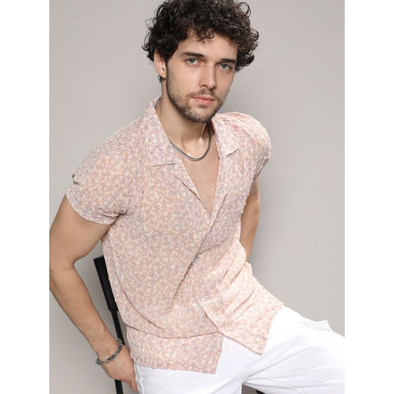 Campus Sutra Mens Beige Washed Flowers Self-Design Shirt (L)
