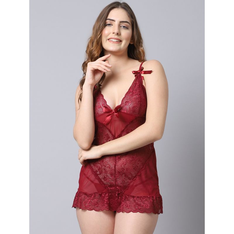 Shararat Women Lace Above Knee Baby Doll with Thong Red (Set of 2) (XL)
