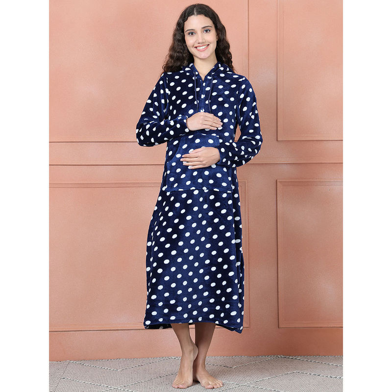 Babyhug Cotton Knit Frill Sleeves Nighty With Polka Dot Print - Navy Blue main image 0