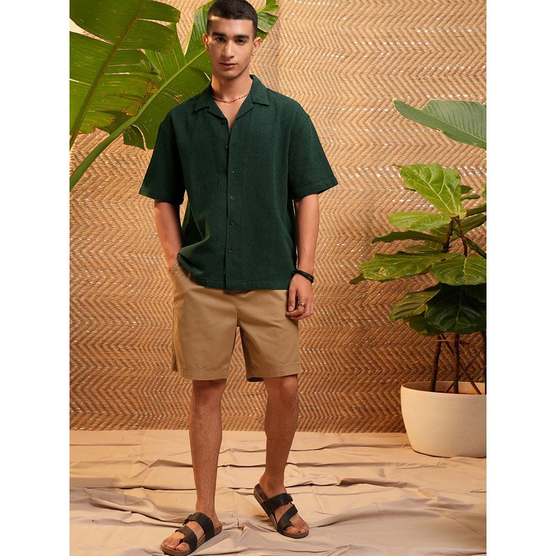 HIGHLANDER Men Green Solid Oversized Fit Collar Neck Casual Shirt (S)