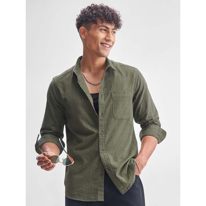 HIGHLANDER Men Olive Stripes Slim Fit Collar Neck Casual Shirt (S)