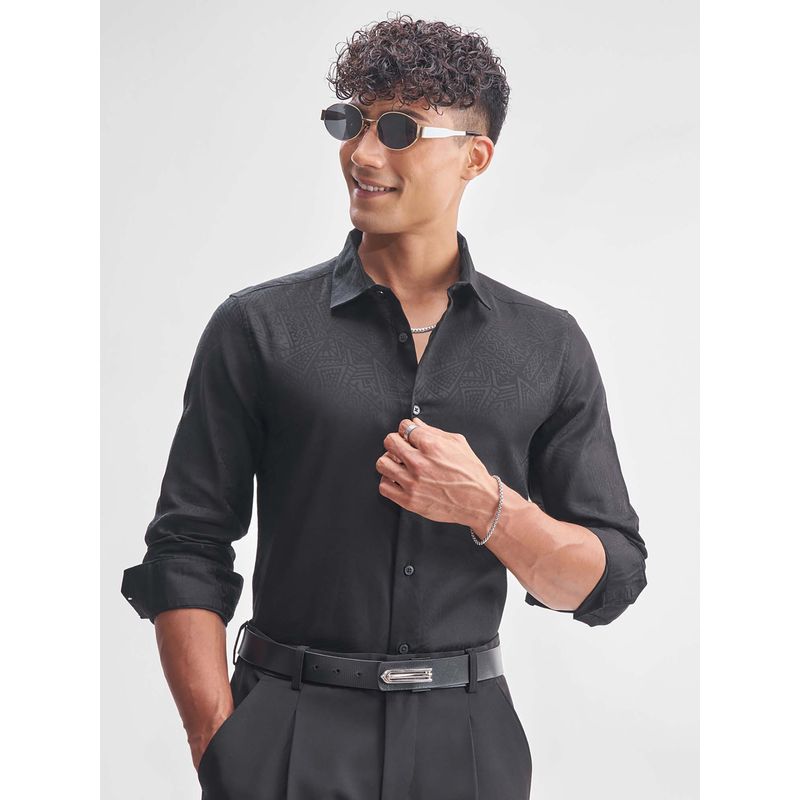 HIGHLANDER Men Black Printed Slim Fit Collar Neck Formal Shirt (L)