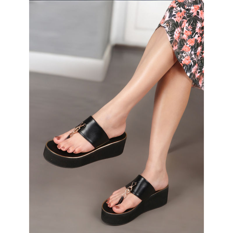 Carlton London Women Luxe Black Slide Wedges (EURO 37)