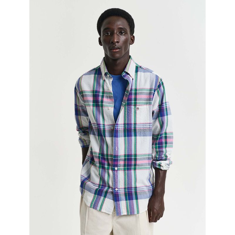 GANT Men White Checked Button-Down Collar Full Sleeves Shirt (40)