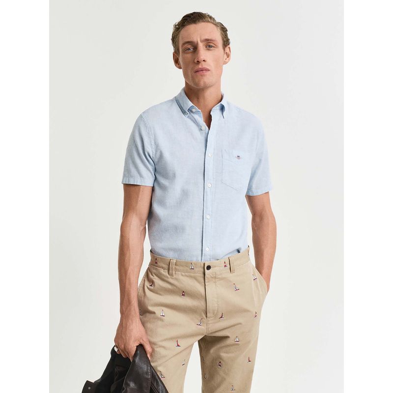 GANT Men Blue Solid Button-Down Collar Short Sleeves Shirt (40)