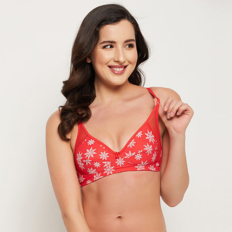 Clovia Cotton Spandex Printed Non-Padded Full Cup Wire Free T-shirt Bra - Dark Red (32C)