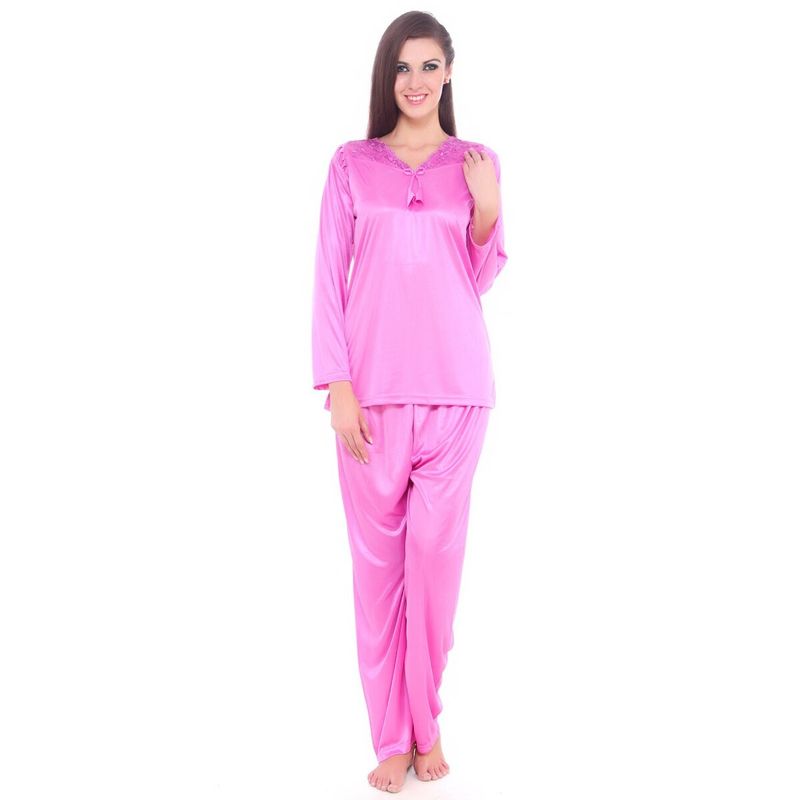 Fasense Women Satin Nightwear Sleepwear Top & Pyjama Set, Dp069 A - Pink (M)