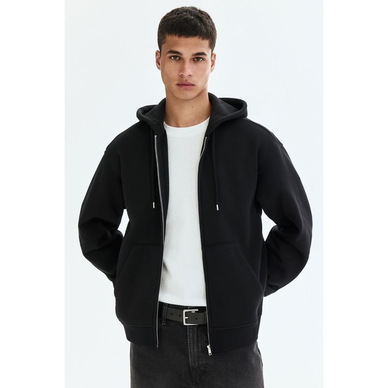 H&M Men Black Loose Fit Zip-Through Hoodie (M)