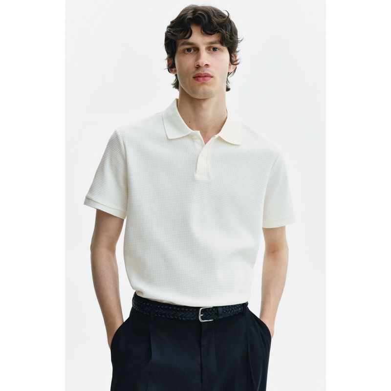 H&M Men White Slim Fit Waffle-Knit Polo Shirt (M)