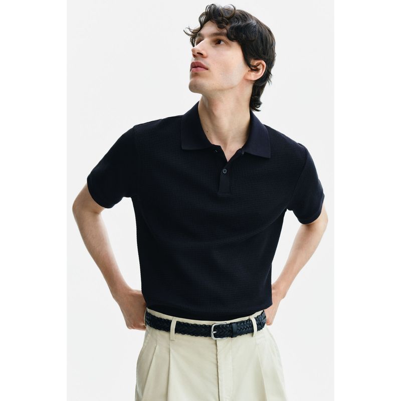 H&M Men Black Slim Fit Waffle-Knit Polo Shirt (2XL)