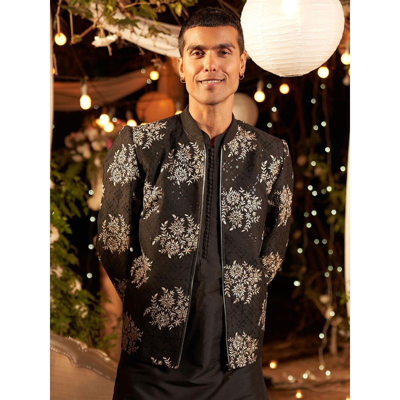 KISAH Men Black Embroidered Bomber Nehru Jacket (38)