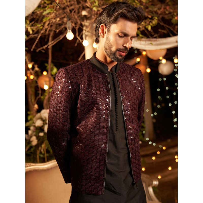 KISAH Men Maroon Embellished Bomber Nehru Jacket (44)