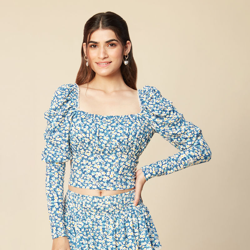 Twenty Dresses by Nykaa Fashion Blue Floral Printed Square Neck Peplum Top (XL)