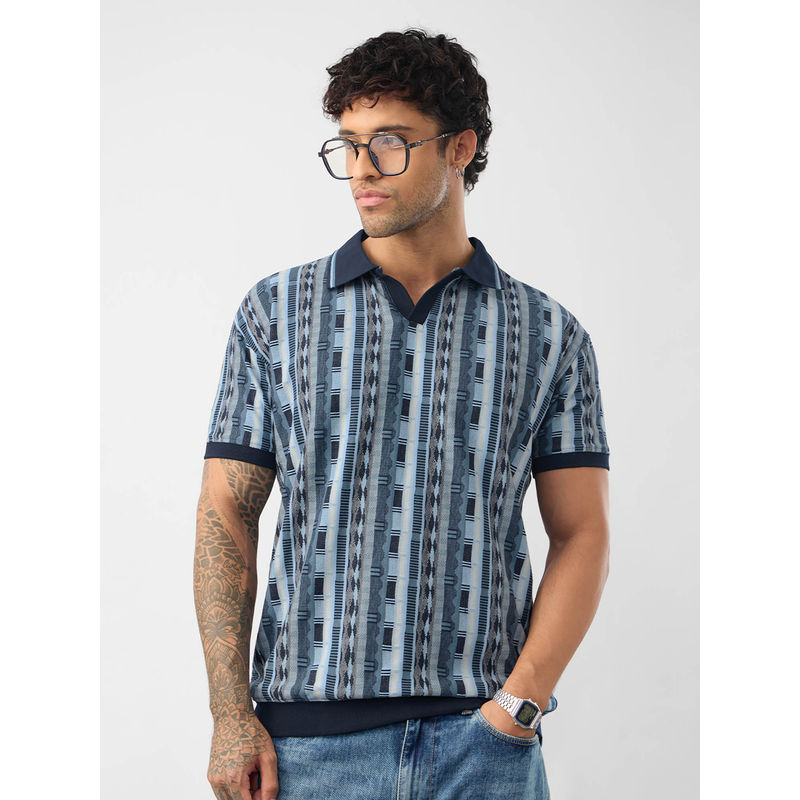 The Souled Store Jacquard: Indie Threads Men Blue Polo T-Shirt (2XL)