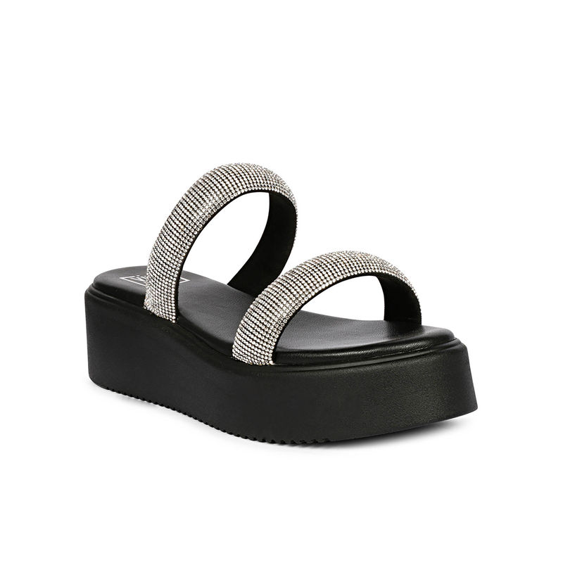 Viviblu Women Black Leather Wedges Embellished with Silver Straps (EURO 36)