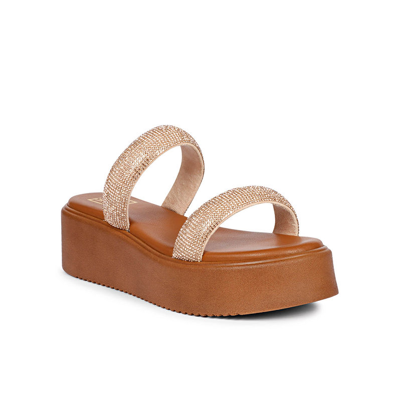 Viviblu Women Tan Leather Wedges Embellished with Champagne Gold Straps (EURO 37)