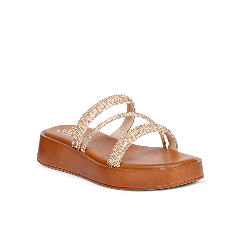 Viviblu Women Cuoio Leather Platform Sandals Embellished Champagne Gold Straps (EURO 36)