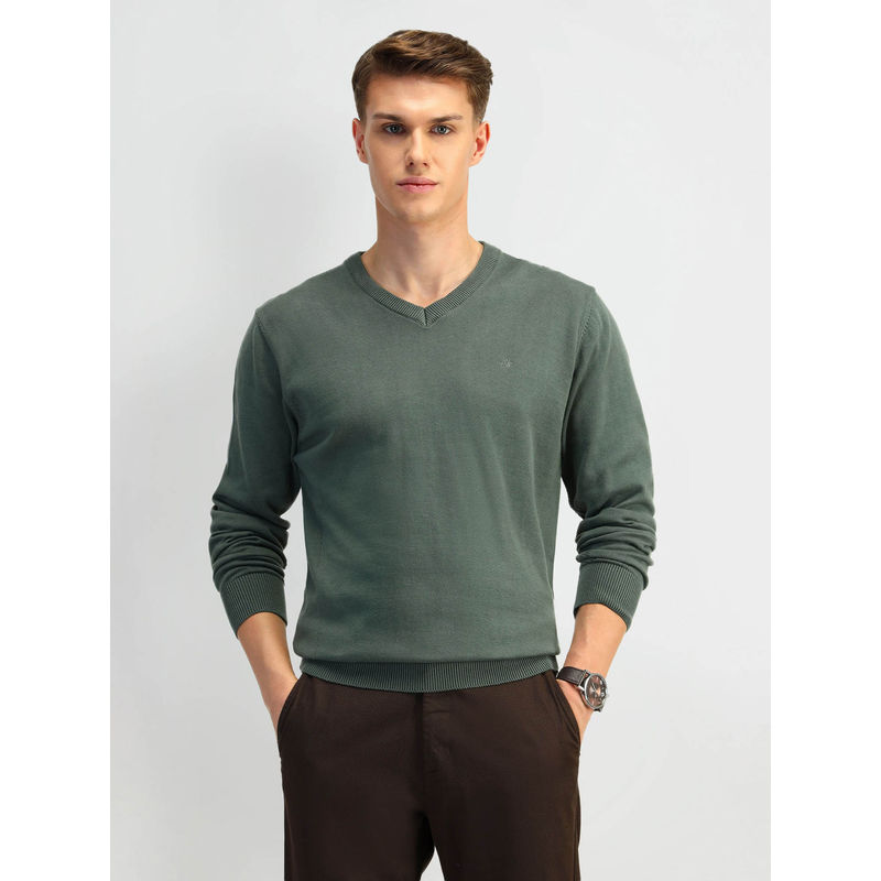 Arrow Green Solid Cotton Sweater (M)