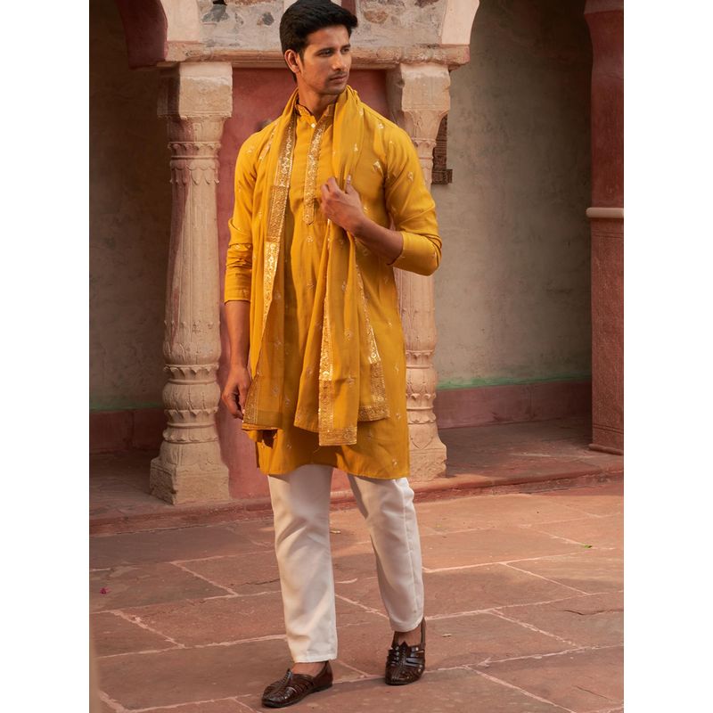 Jompers Mustard Silk Blend Regular Full Sleeves Kurta With Pyjama & Dupatta (M)
