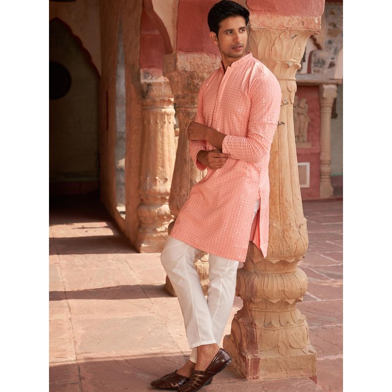 Jompers Peach Viscose Rayon Regular Full Sleeves Kurta With Pyjama (M)