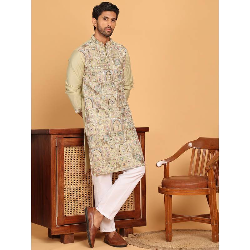 Jompers Green Silk Blend Regular Full Sleeves Kurta With Pyjama (L)