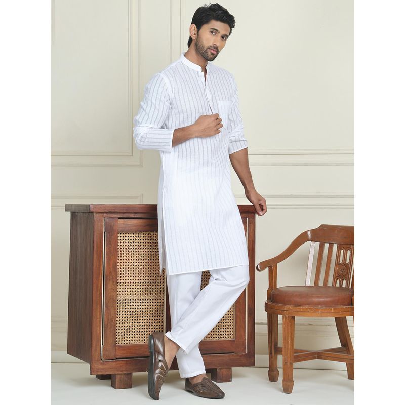 Jompers White Pure Cotton Regular Full Sleeves Kurta With Pyjama (L)