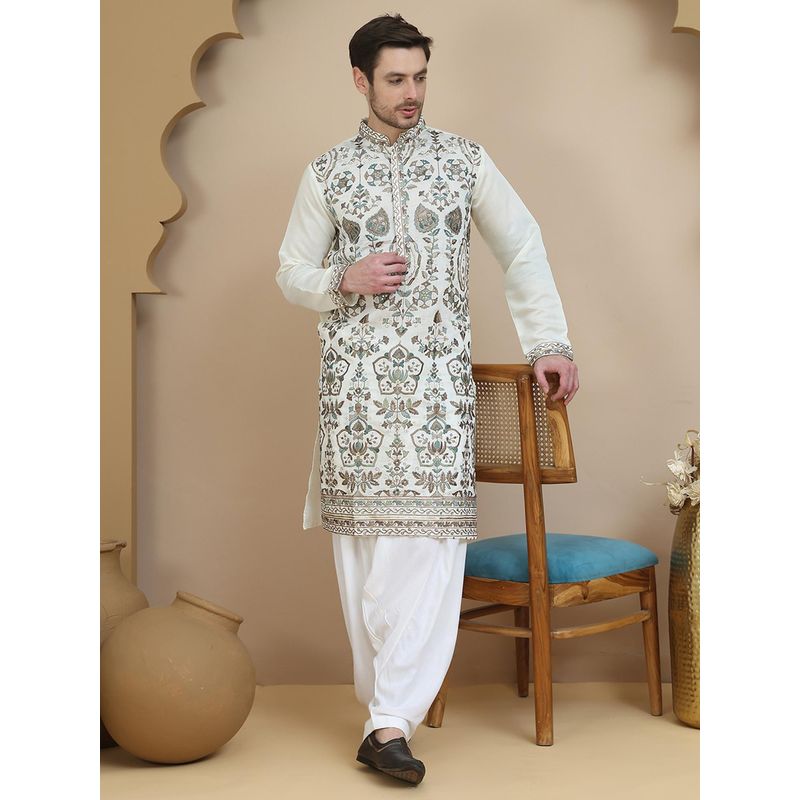 Jompers White Silk Blend Regular Full Sleeves Kurta With Salwar (M)