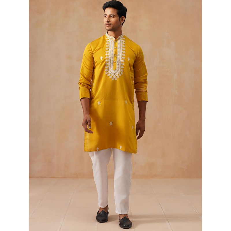 Jompers Mustard Silk Blend Regular Full Sleeves Kurta With Pyjama (M)