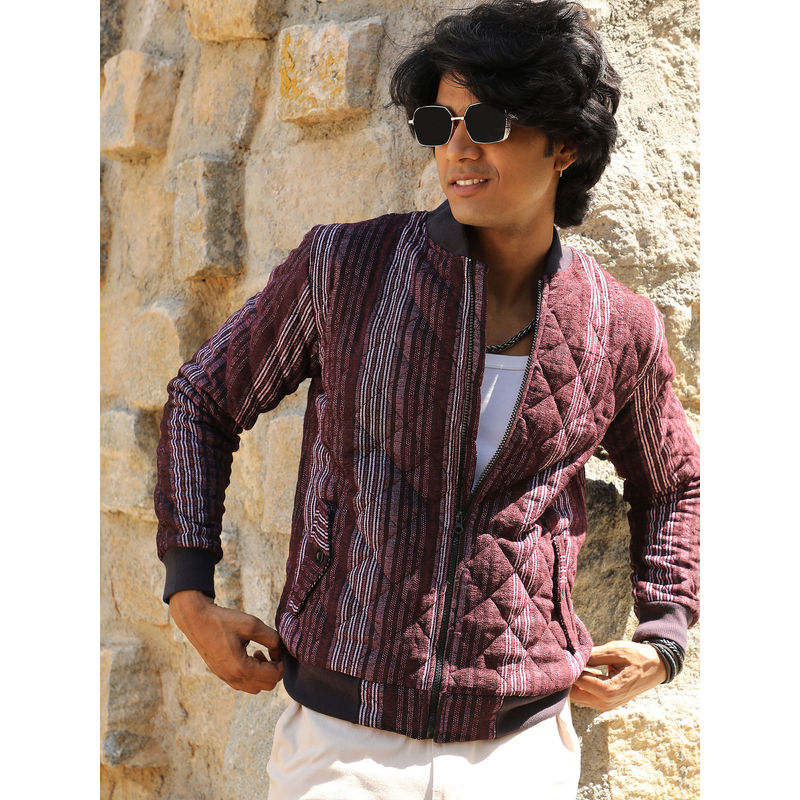 Campus Sutra Men's Charcoal Grey Striped Quilted Bomber Jacket (S)