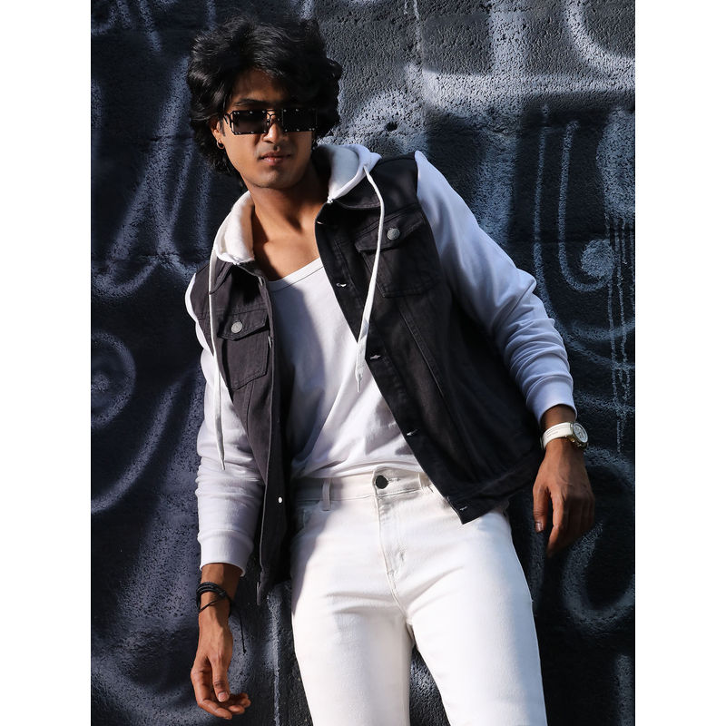 Campus Sutra Men's White & Charcoal Grey Medium-Wash Denim Jacket With Sweatshirt Sleeve (XL)