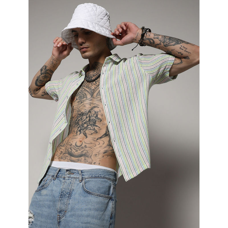 CAHOOT Men's Yellow & Pink Unbalanced Striped Woven Shirt (S)
