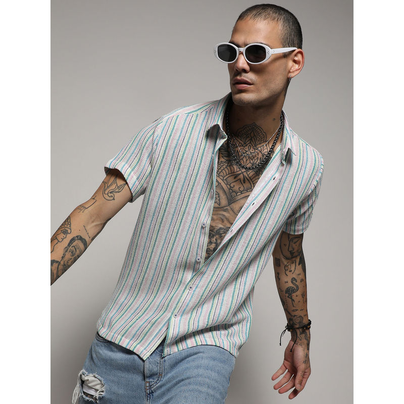 Campus Sutra Men's Pink & Green Unbalanced Striped Woven Shirt (S)