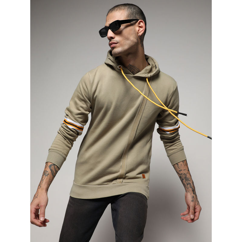 Campus Sutra Men's Beige Pullover Hoodie With Contrast Striped Sleeve (S)