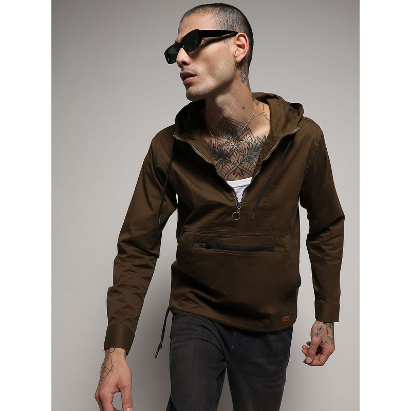 Campus Sutra Men's Brown Half-Zip Utility Jacket With Contrast Drawstring (XL)