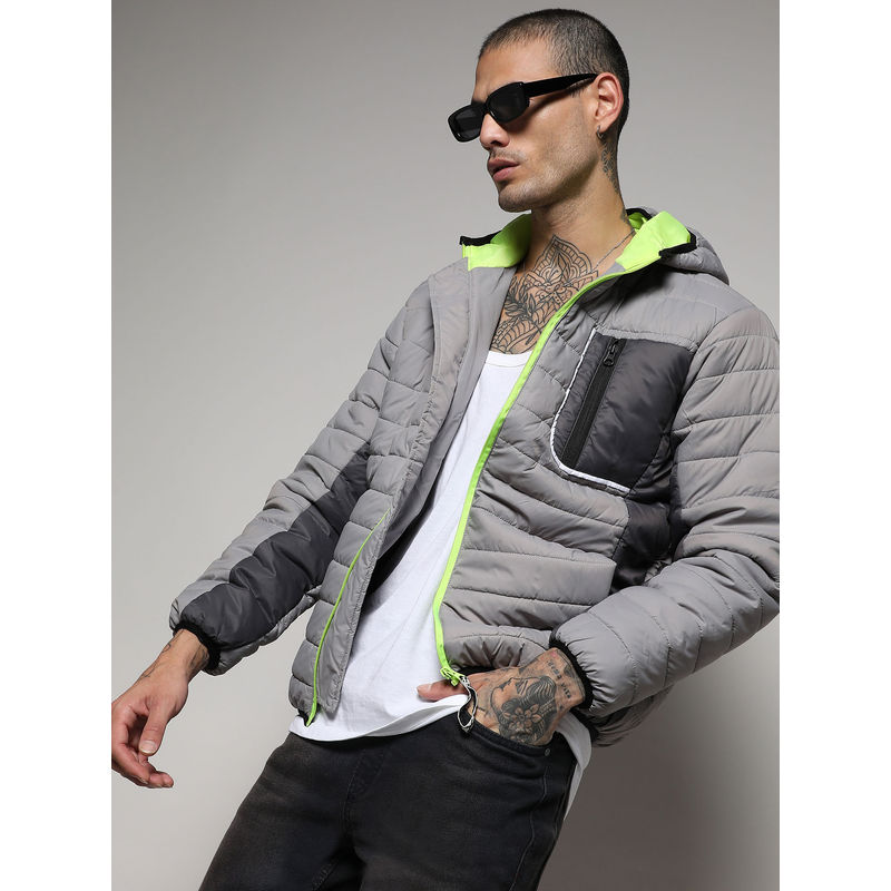 Campus Sutra Men's Light Grey Puffer Jacket With Contrast Zipper (S)