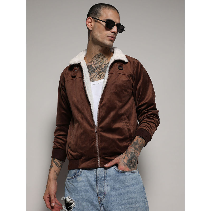 Campus Sutra Men's Brown Zip-Front Jacket With Fleece Detail (S)