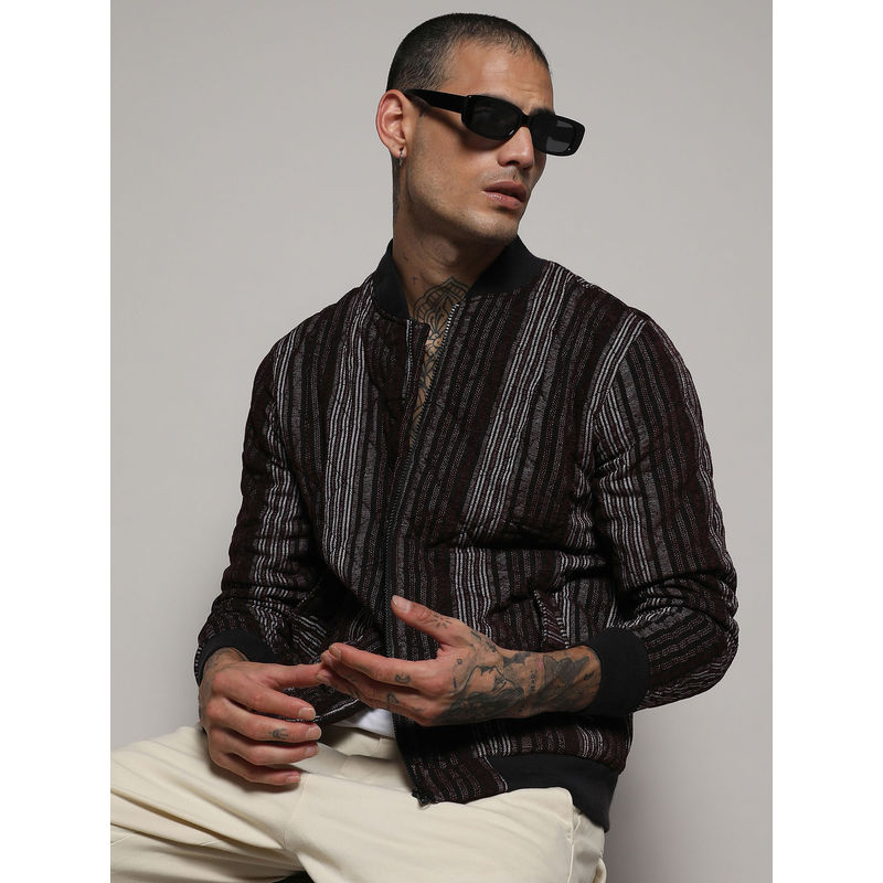 Campus Sutra Men's Charcoal Grey Striped Quilted Bomber Jacket (M)