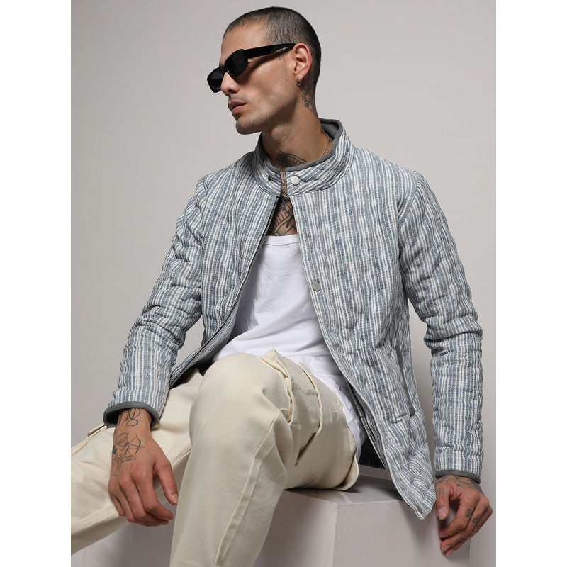 Campus Sutra Men's White & Light Grey Striped Quilted Bomber Jacket (M)