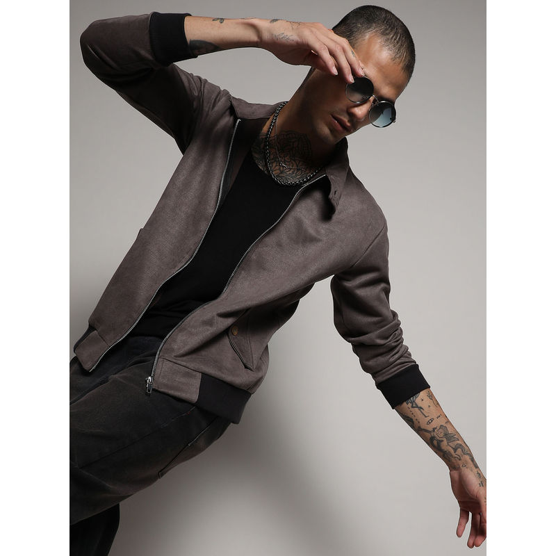 Campus Sutra Men's Brown Zip-Front Jacket With Ribbed Hem (L)