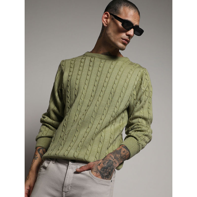 Campus Sutra Men's Olive Green Cable Knit Sweater (M)