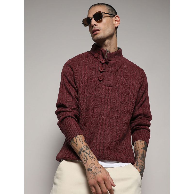 Campus Sutra Men's Maroon Red Rhombus Knit Sweater (M)