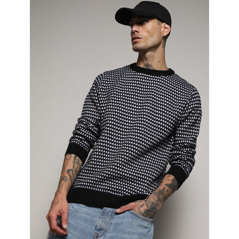Campus Sutra Men's Black & White Contrast Textured Knit Sweater (L)