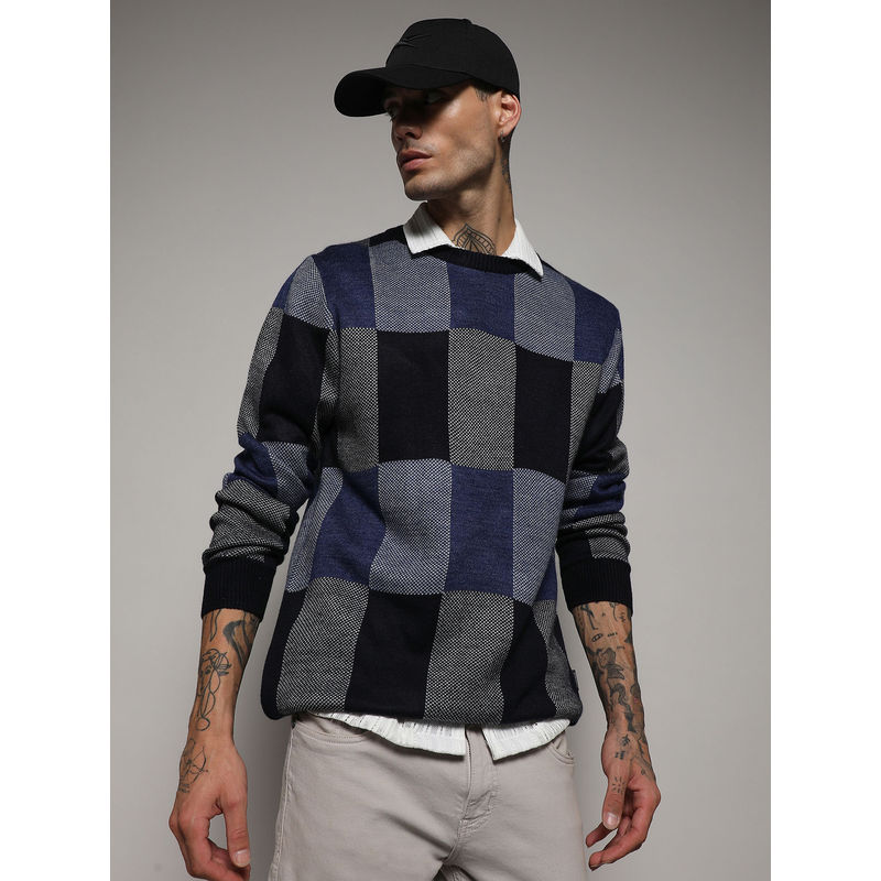 Campus Sutra Men's Blue Block Check Pullover Sweater (S)