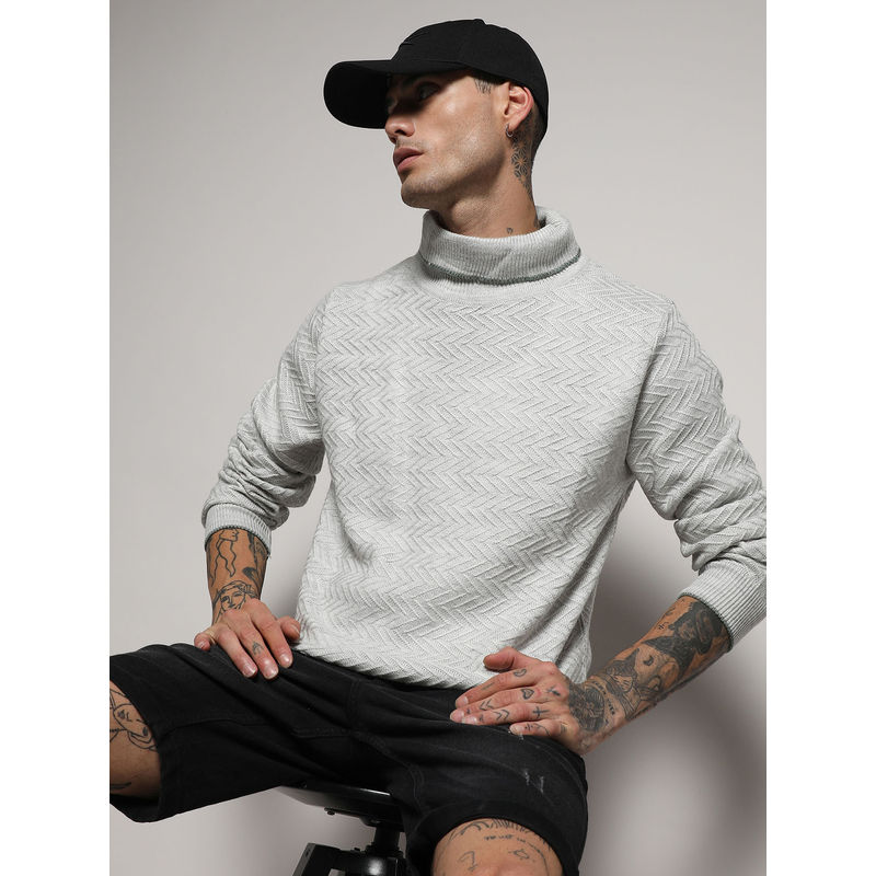 Campus Sutra Men's Light Grey Herringbone Textured Pullover Sweater (XL)